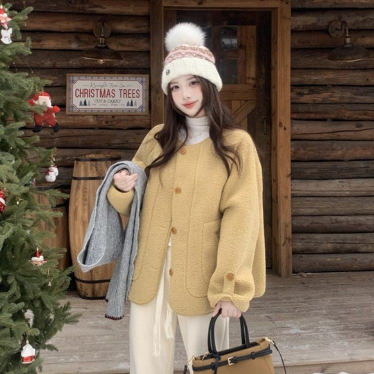 黄色皮毛一体正肩毛呢外套女2025秋冬新款大码胖mm巨好看开衫上衣,女装/女士精品,常规大码外套,淘宝优惠券,粉丝福利购,淘宝优惠卷