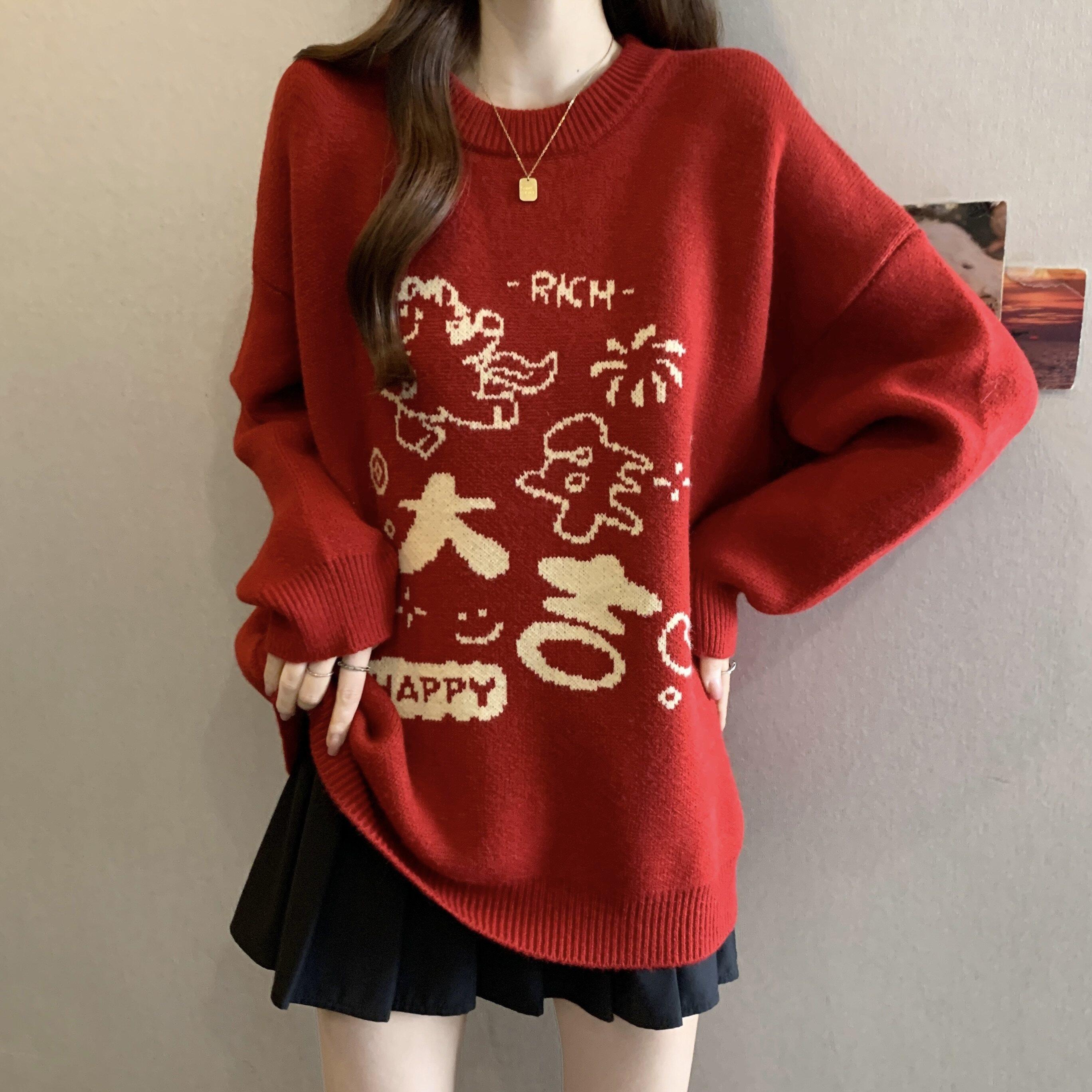 过年红色毛衣女2026马年本命年衣服新款秋冬大码胖mm针织毛衫上衣