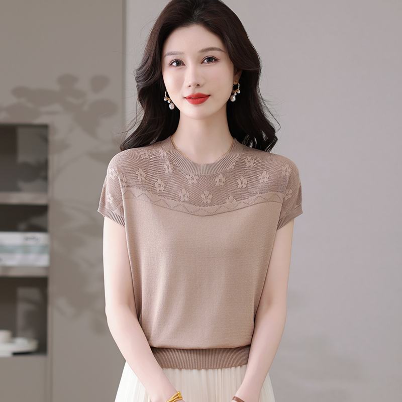 天丝短袖t恤女薄款镂空上衣2025新款中年妈妈夏装洋气冰丝针织衫