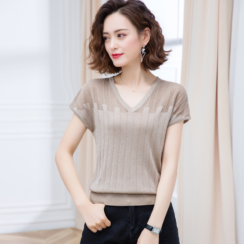 冰丝短袖t恤女士薄款中年妈妈夏装2025新款针织衫短款v领镂空上衣