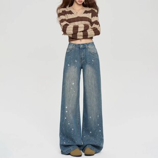 带钻牛仔裤女2026新款辣妹满天星烫钻爆闪宽松直筒垂感阔腿裤