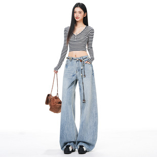2026新款重工艺美式水洗浅蓝色弯刀牛仔裤女新款显瘦宽松阔腿裤子
