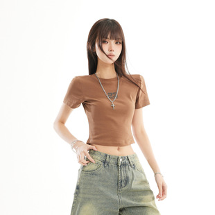 复古嘻哈慵懒风圆领正肩修身短款上衣女夏季紧身辣妹爵士舞衣服潮