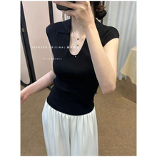 polo翻领无袖冰丝针织衫女夏法式高级感修身显瘦短袖t恤黑色上衣