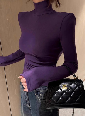 白色高领简约气质打底衫女春秋新款欧货垫肩修身显瘦内搭长袖上衣