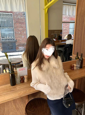 YILIA翻领拼接针织一体环保皮草外套气质短款开衫