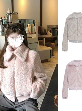 YILIA韩系甜美粉色保暖毛毛小香风立领拉链短外套
