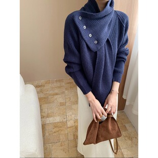 YILIA街区漫步配围巾博主感V领慵懒宽松显瘦针织衫毛衣