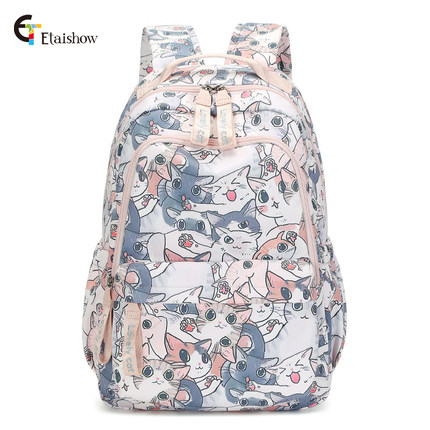 新款书包女中学生小清新猫咪印花双肩包小学初中生轻便减负大容量