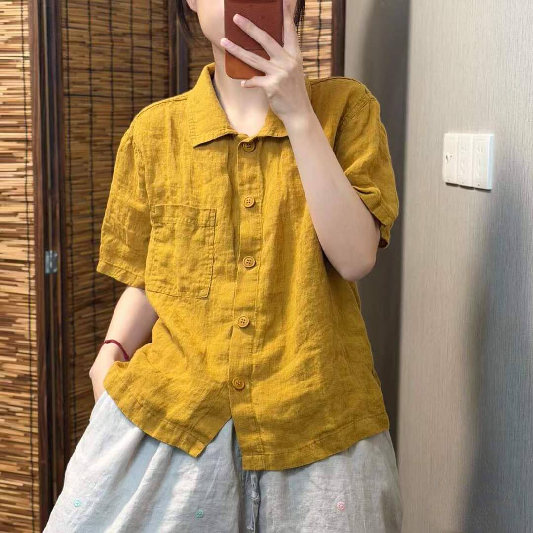 复古棉麻衬衫女夏季新款纯色短袖