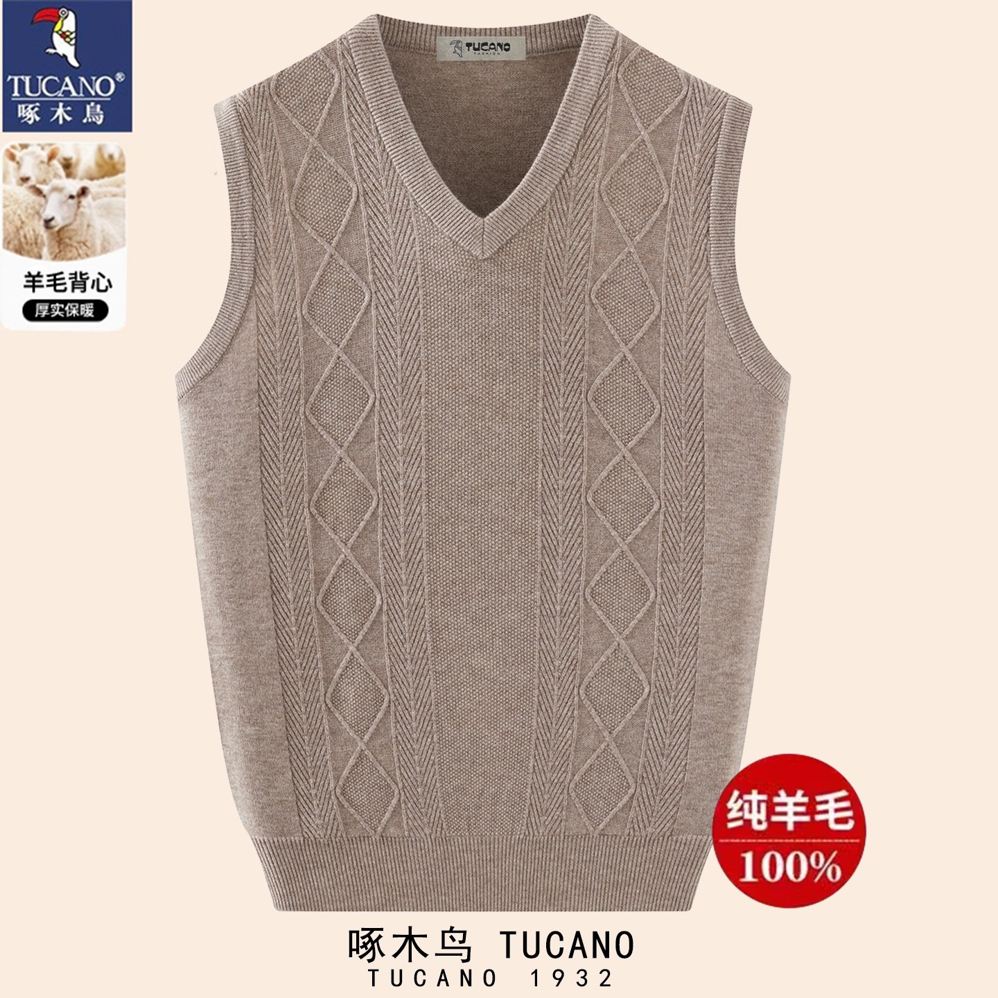 啄木鸟100纯羊毛衫时尚背心男坎肩V领爸爸装中青年马甲秋冬针织衫
