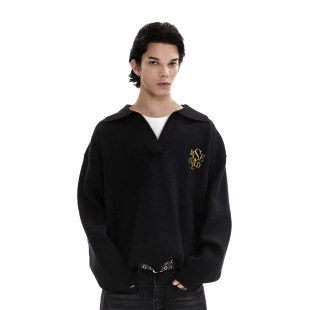 刺绣针织宽松休闲翻领毛衣套头 重磅假两件V领衫 SAME OLD男女同款