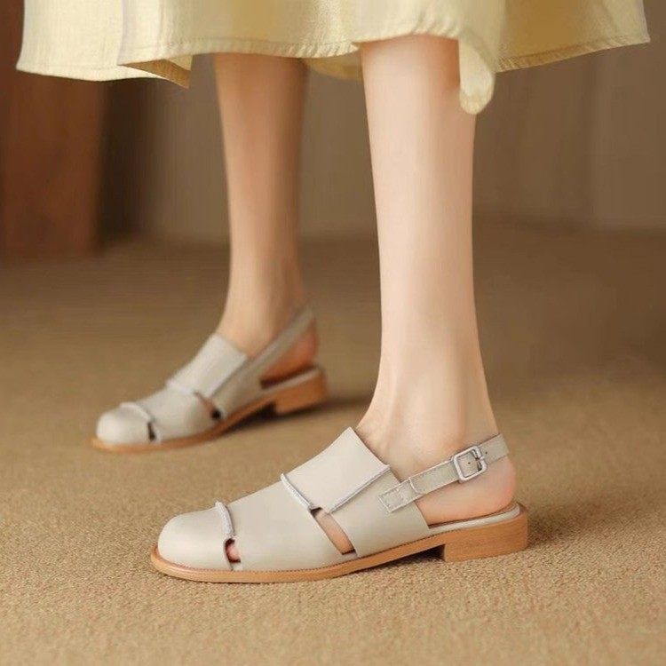 四季青广州十三行即墨复古包头凉鞋女款2025新款夏季百搭真皮拼接,女鞋,罗马凉鞋,淘宝优惠券,粉丝福利购,淘宝优惠卷