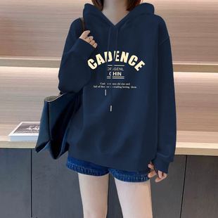 韩国宝蓝色加绒加厚连帽卫衣女2025秋冬新款 oversize设计感小众