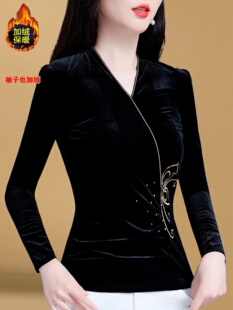 韩国V领金丝绒刺绣烫钻洋气打底衫收腰显瘦加绒加厚保暖小衫上衣