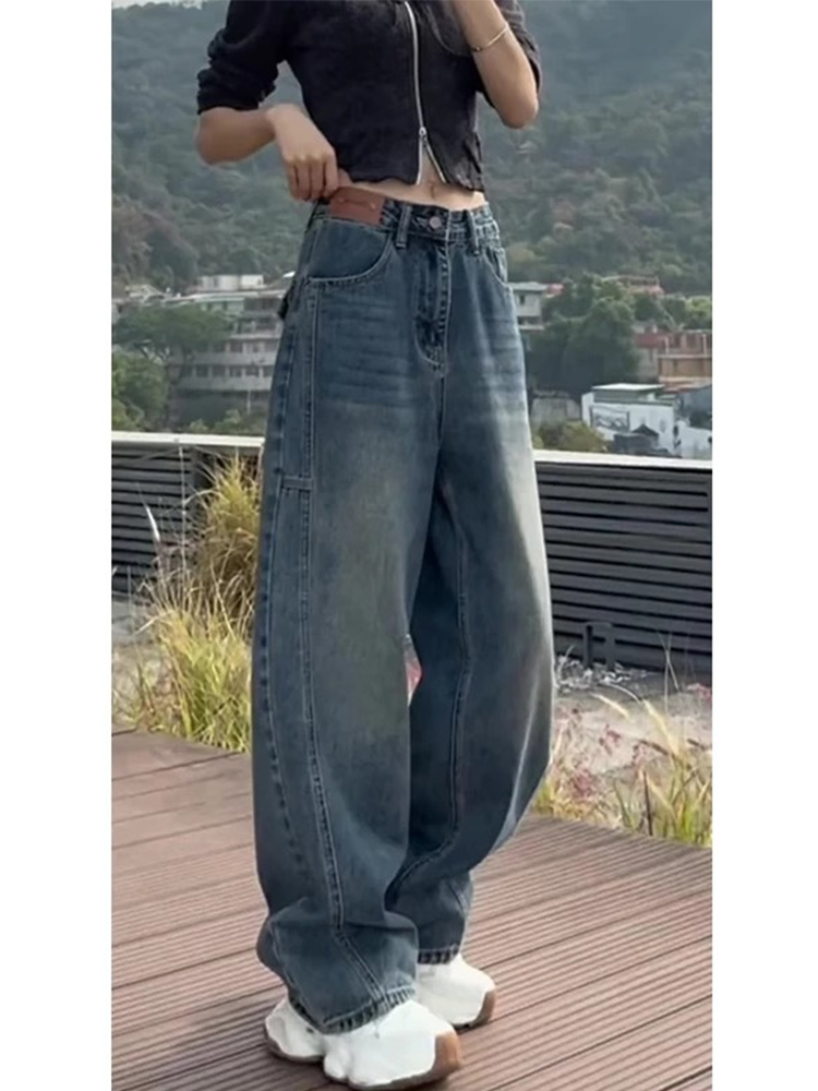 韩国覆古阔腿牛仔裤女秋季新款大码胖mm高腰显瘦宽松遮肉弯刀直筒