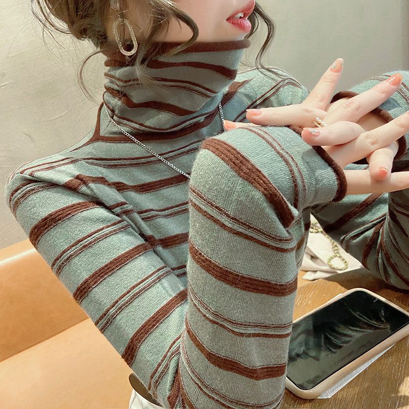 韩国条纹高领针织衫女2025秋冬新款洋气修身内搭打底衫长袖上衣