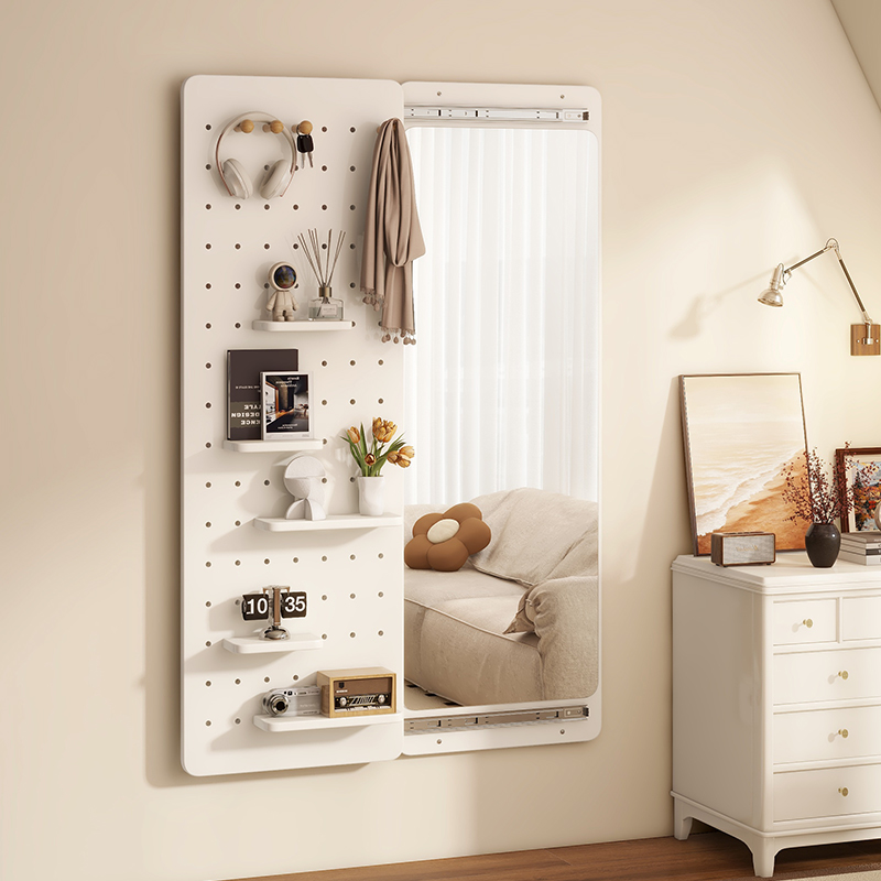 可移动实木全身镜落地镜隐藏式洞洞板穿衣镜推拉镜子可关闭试衣镜
