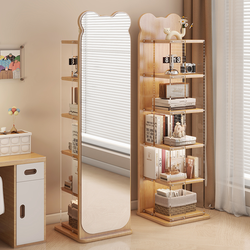 实木全身镜家用落地镜可旋转移动穿衣镜悬浮书架储物一体试衣镜子