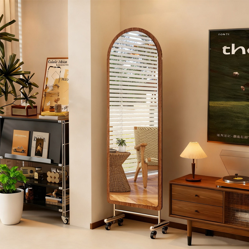 中古风可移动全身镜家用卧室落地镜试衣镜子复古高级感旋转穿衣镜