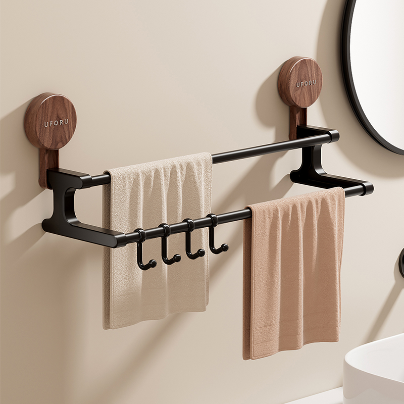 中古风吸盘毛巾架卫生间免打孔壁挂式双杆厕所浴室晾浴巾置物架子