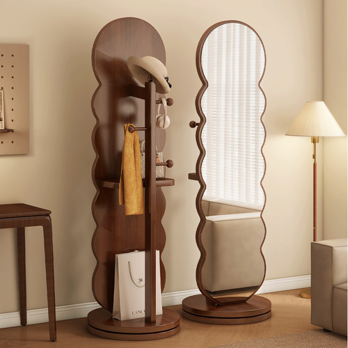 全身镜落地镜家用卧室挂衣帽架一体可旋转移动中古风试衣穿衣镜子