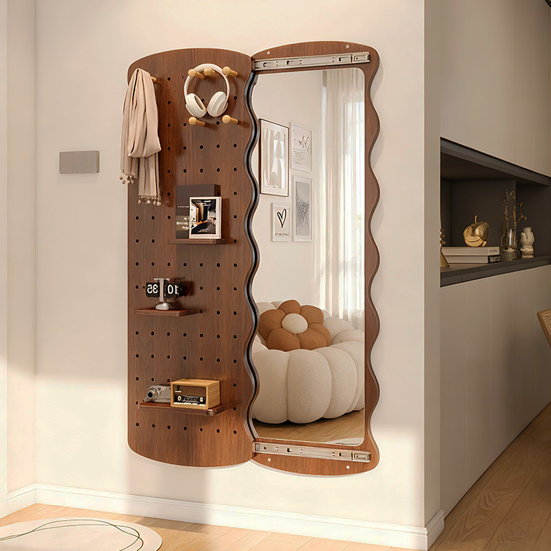 家用波浪洞洞板穿衣镜隐藏式玄关试衣镜壁挂墙可关闭推拉全身镜子