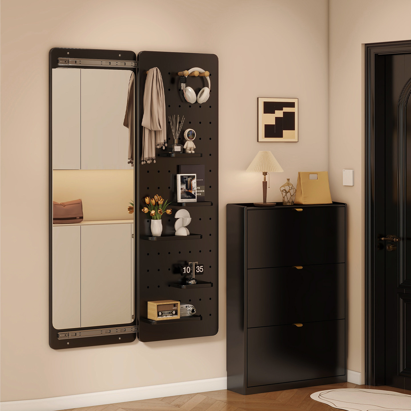 实木洞洞板穿衣镜可关闭隐藏式推拉全身镜子家用壁挂墙玄关试衣镜