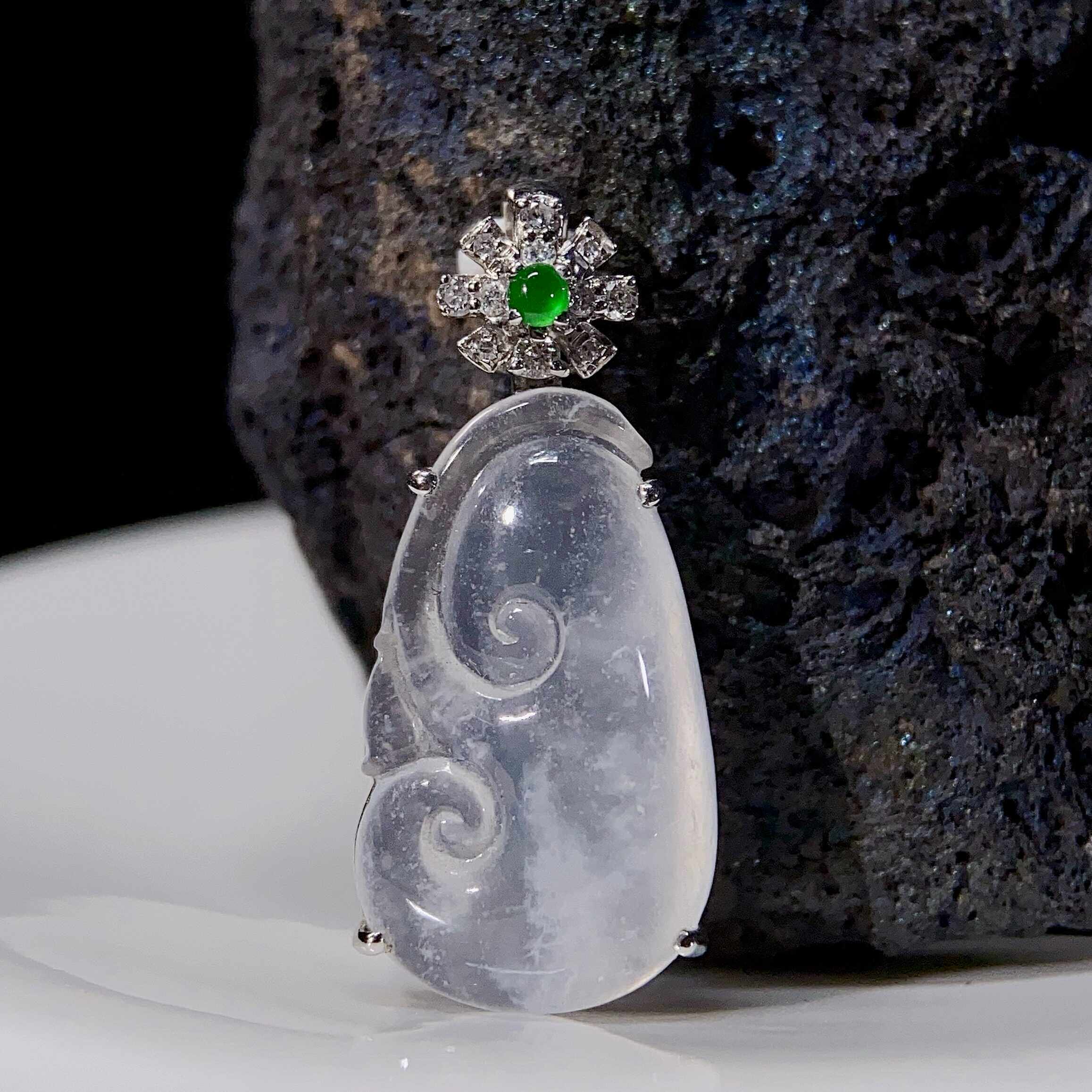 现货天然翡翠a货高冰种莫西沙意境棉18k金伴钻石镶嵌如意吊坠