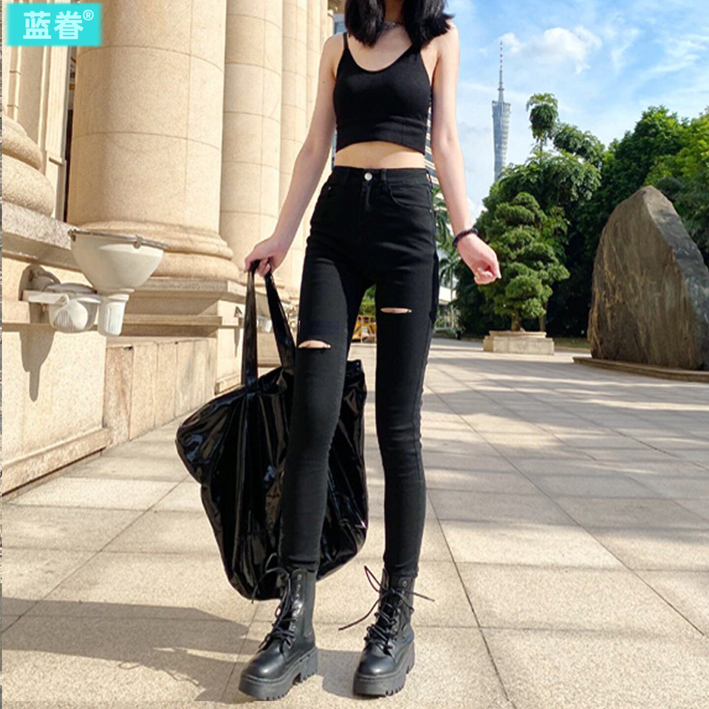 黑色破洞牛仔裤女2025春秋新款弹力紧身显瘦高腰九分小脚铅笔长裤