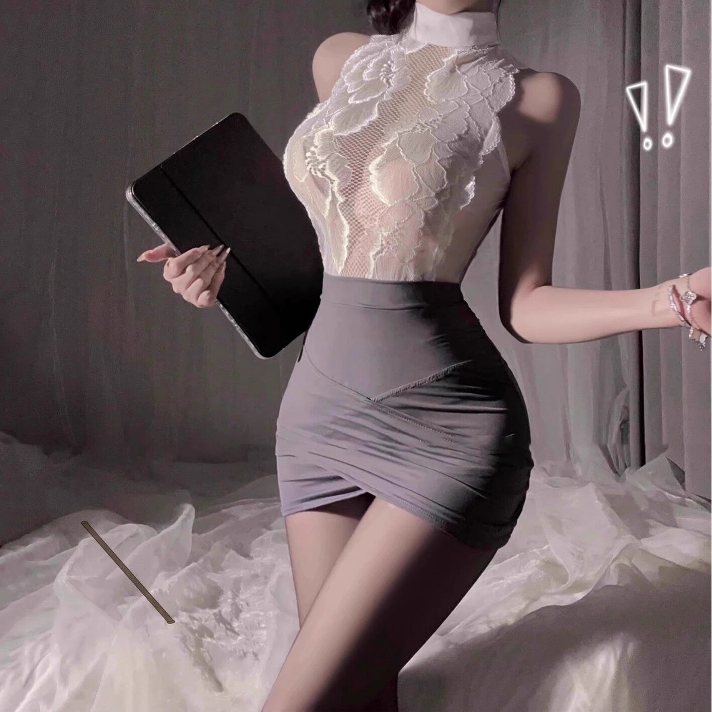 cutie新款空姐秘书包臀裙黑丝连裤套装酒吧性感镂空制服小胸制服