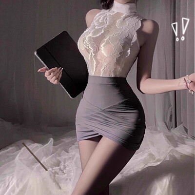 cutie新款空姐秘书包臀裙黑丝连裤套装酒吧性感镂空制服小胸制服