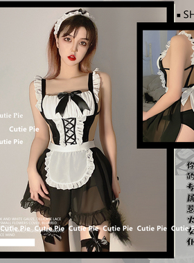 cutie：雪纺透视露背可爱女佣女仆角色扮演制服黑丝cosT裤套装女