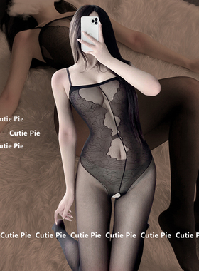 cutie：情调开档渔网袜性感黑色吊带丝袜大码透视蕾丝连体袜网衣