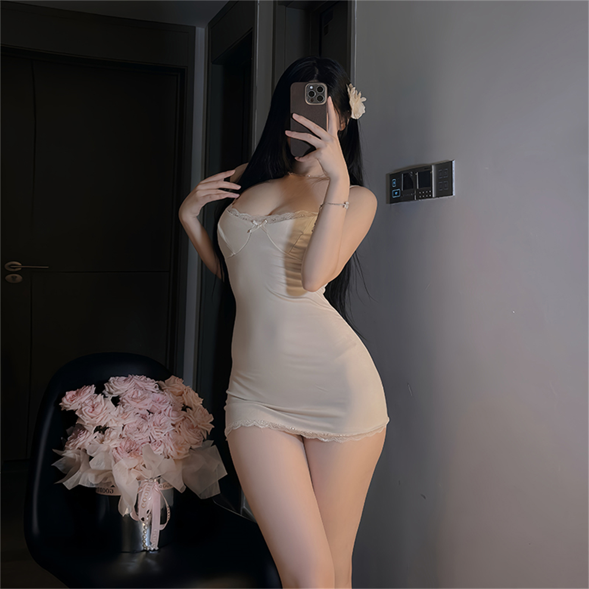 cutie做你的猫姐姐的寐*女人味蕾丝交叉包臀裙显瘦性感网纱睡裙