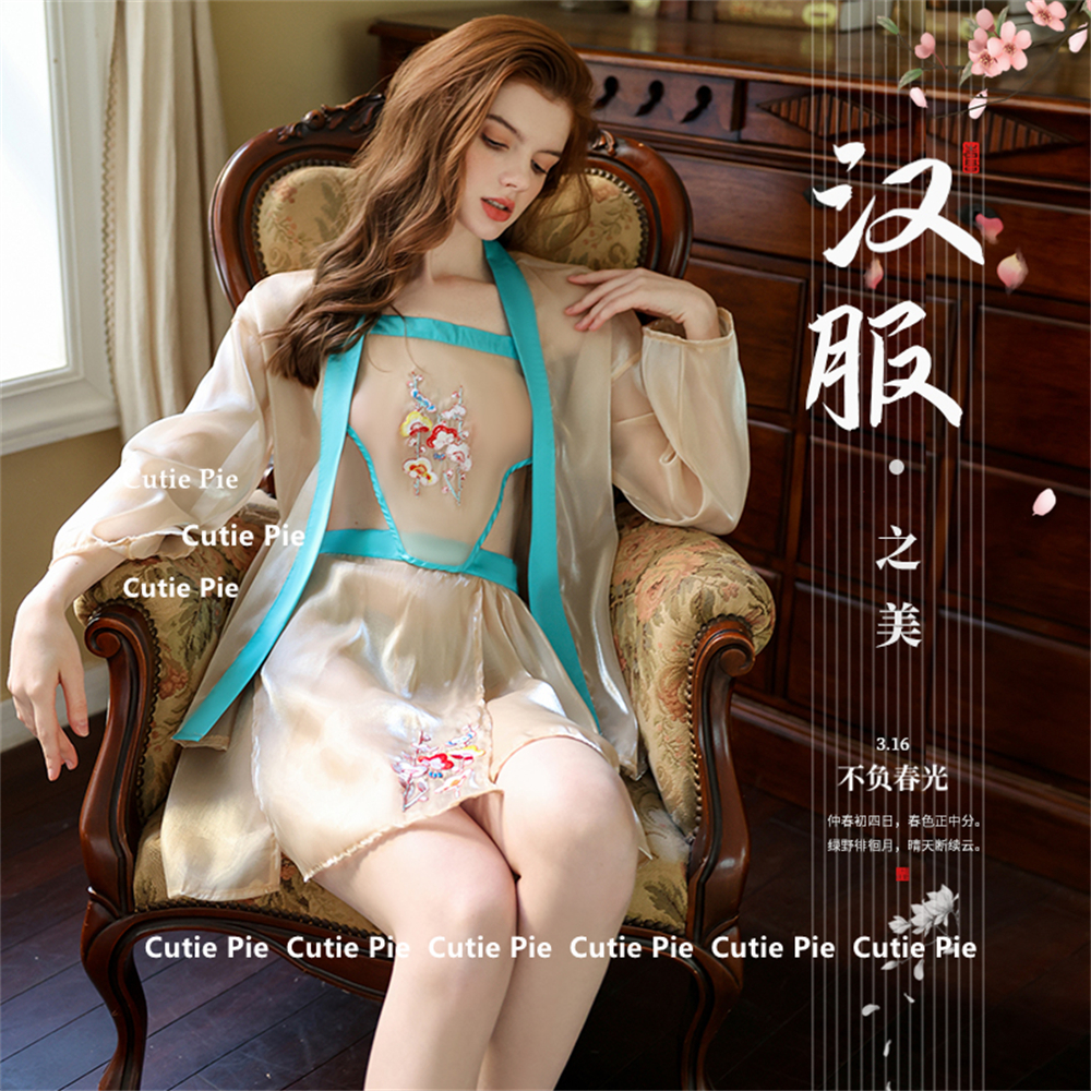 cutie：性感透视中国风长裙刺绣汉服睡裙绑带内衣套装连身裙制服