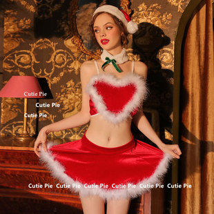 cutie：圣诞红色内衣女 女 丝绒爱心吊带圣诞睡裙性感露腰制服套装