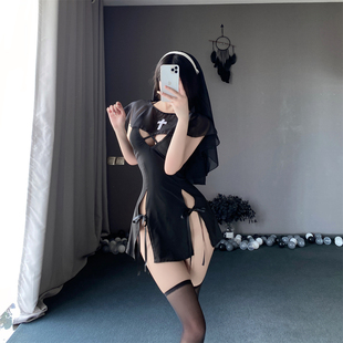 cutie内衣女性感纯欲细带长筒黑丝网红修女酒吧蝴蝶结女制服套装