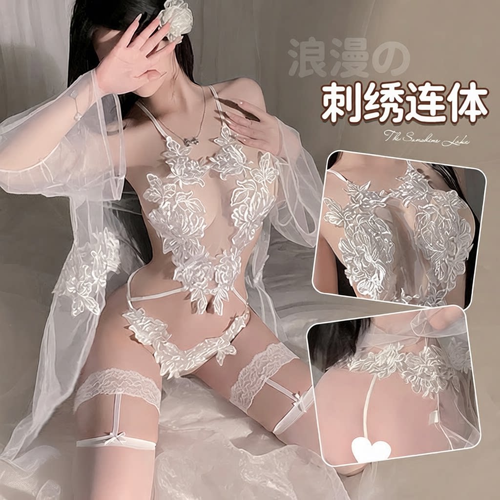 cutie内衣夏季新款性感透视黑丝长筒连体衣纯欲风刺绣蕾丝套装女