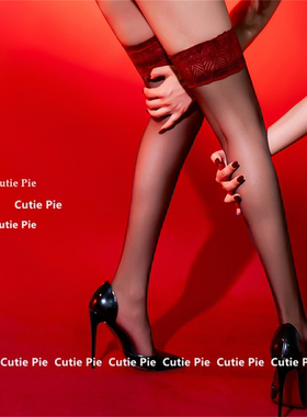 cutie：长筒袜羽毛过膝袜丝袜夏超薄红边蕾丝黑色防勾丝酒吧