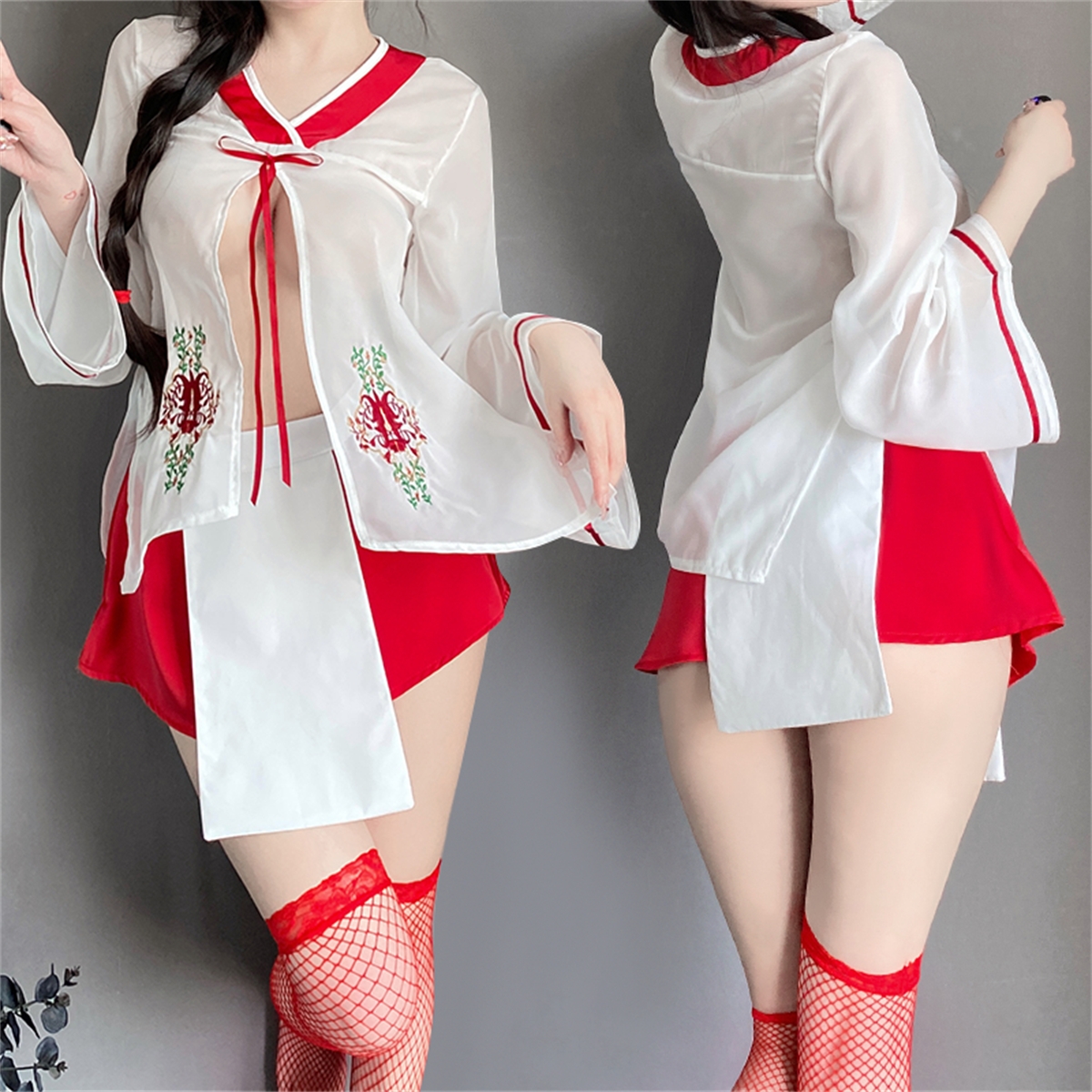 cutie：性感睡衣和服套装酒吧夜店内少衣女红色网袜长筒过膝制服
