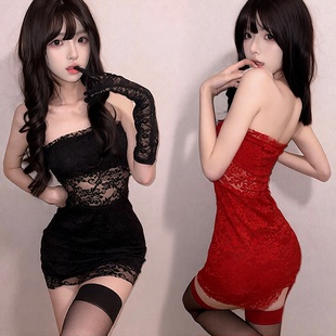cutie性感内衣女御姐风纯欲长筒黑丝蕾丝抹胸连衣裙包臀短裙套装