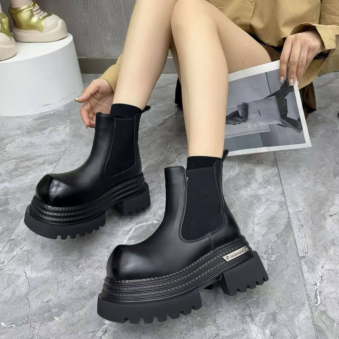 欧洲站百搭厚底增高女鞋马丁靴加棉保暖女靴