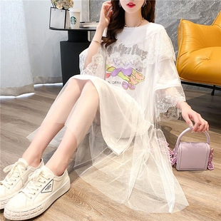 中长款网纱拼接t恤裙女款五分袖2026夏装新款韩版宽松很仙的上衣
