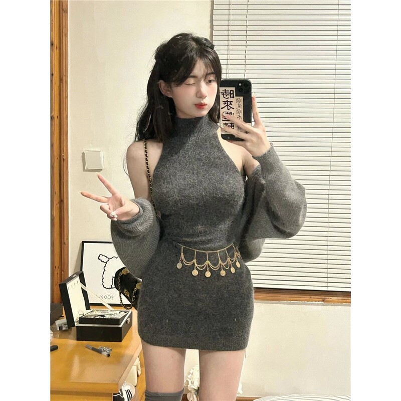 套装女2025秋冬新款纯欲风挂脖针织连衣裙修身显瘦包臀裙毛衣开衫