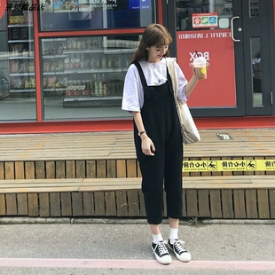 女学生潮韩版显瘦小清新背带裤宽松牛仔裤新款九分裤连体秋季2026