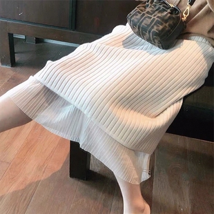 超火的百褶针织半身裙女秋冬天配毛衣中长款a字包臀裙子两面穿