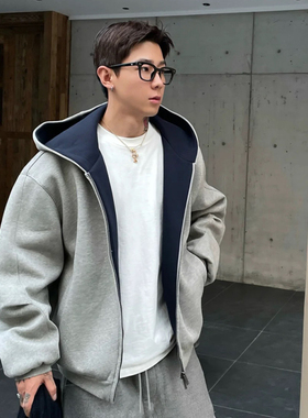 DSRG美式cleanfit双拉链连帽卫衣男女boxy短款空气棉撞色开衫外套