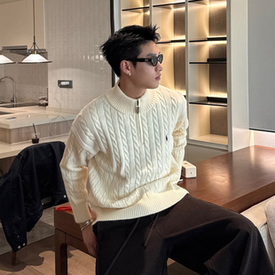 DSRG老钱风灰色RL半高领拉链毛衣男慵懒感美式复古加厚麻花针织衫