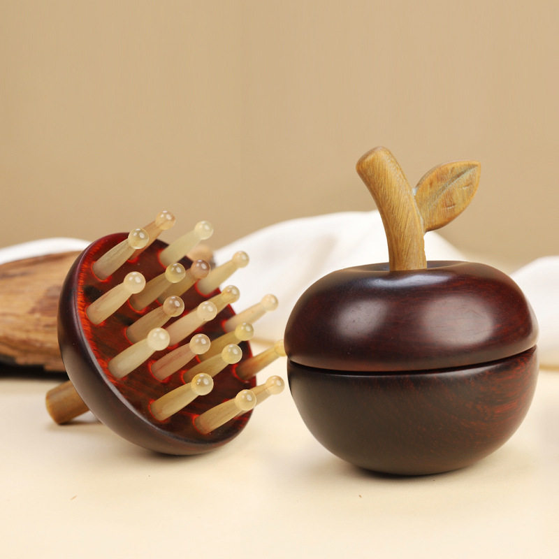 缎光紫檀木梳子苹果梳羊角按摩梳头部刮痧顺发经络梳子送女生礼物